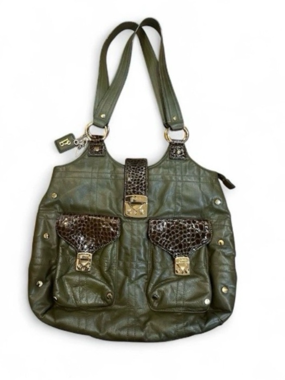 Bolzano Italy Leather Olive Green Women's Tote with Brown Croc-Trim Accents